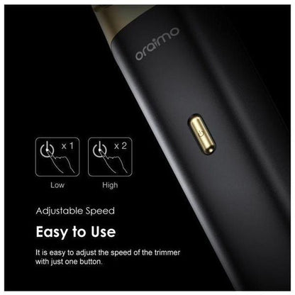 Oraimo TR12 beard trimmer front view showing adjustable speed control and stainless steel blades