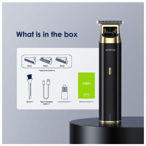 Oraimo TR12 beard trimmer front view showing adjustable speed control and stainless steel blades