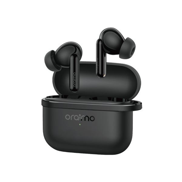 Oraimo SpaceBuds Lite Kenya true wireless earbuds in black, front view with charging case