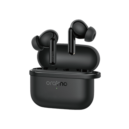 Oraimo SpaceBuds Lite Kenya true wireless earbuds in black, front view with charging case