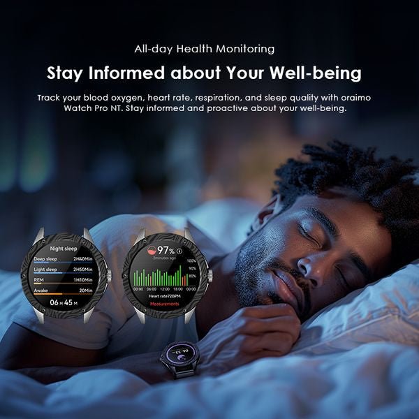 Oraimo Watch Pro NT AMOLED display showing health dashboard with heart rate and SpO2 data