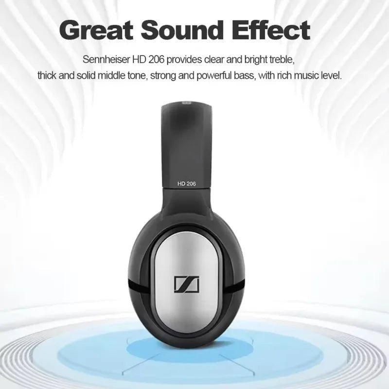 Sennheiser HD 206 headphones Kenya – front-facing ear cup on sound wave graphic with "Great Sound Effect" feature callout`