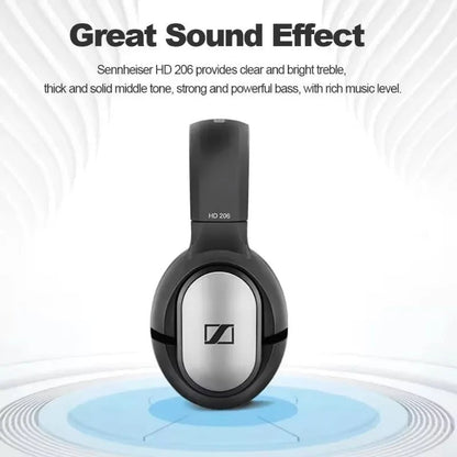Sennheiser HD 206 headphones Kenya – front-facing ear cup on sound wave graphic with "Great Sound Effect" feature callout`