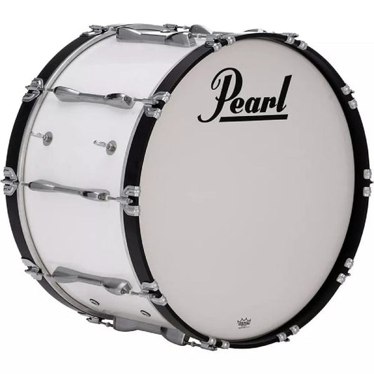 Pearl bass drum Kenya 24-inch white marching shell chrome lugs Remo head front angle view