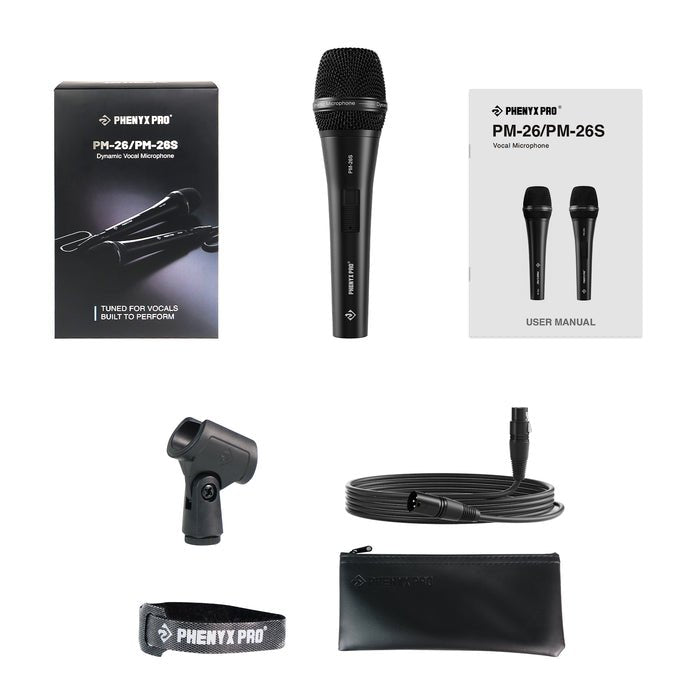 Phenyx Pro PM-26S Microphone Kenya, flat lay showing microphone, XLR cable, clip, strap, pouch, box and manual