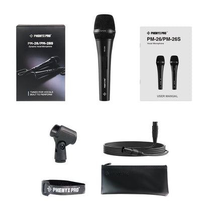 Phenyx Pro PM-26S Microphone Kenya, flat lay showing microphone, XLR cable, clip, strap, pouch, box and manual