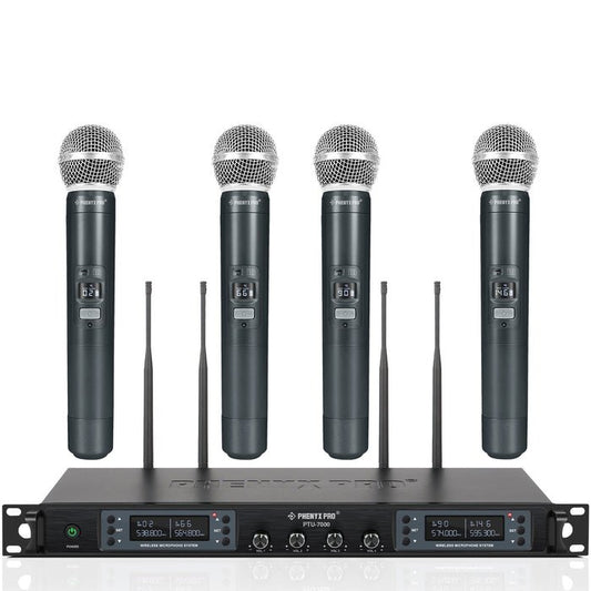 Phenyx Pro PTU-7000-4H 4-channel wireless microphone Kenya kit: four handheld mics above the rack receiver