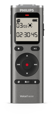 Philips DVT1170 voice recorder front view showing slide switch and backlit display