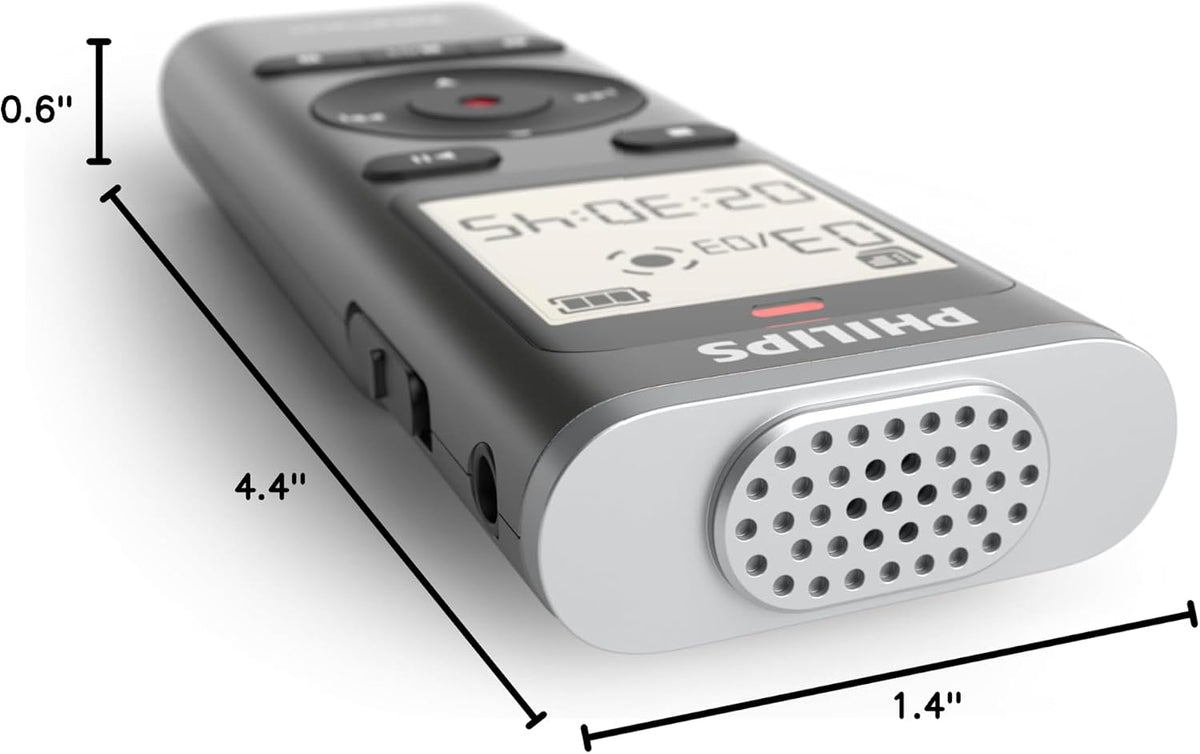 Philips DVT1170 voice recorder side profile showing USB port and one-touch record button