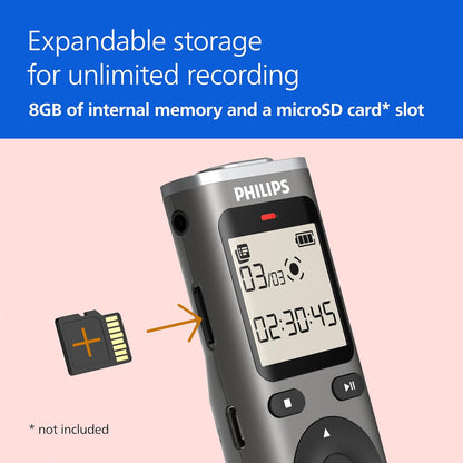 Philips DVT1170 voice recorder side profile showing USB port and one-touch record button