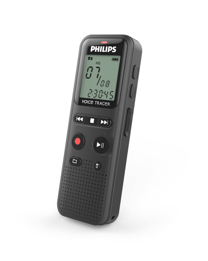 Philips DVT1160 digital voice recorder side profile showing compact portable design