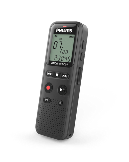 Philips DVT1160 digital voice recorder side profile showing compact portable design