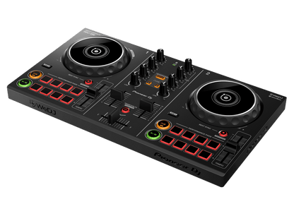 Pioneer DDJ-200 DJ controller Kenya — overhead flat lay showing dual jog wheels, 3-band EQ, performance pads and crossfader