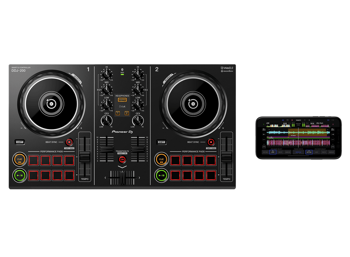 Pioneer DDJ-200 DJ controller Kenya — top view paired with smartphone displaying WeDJ app waveform and track library