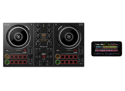 Pioneer DDJ-200 DJ controller Kenya — top view paired with smartphone displaying WeDJ app waveform and track library