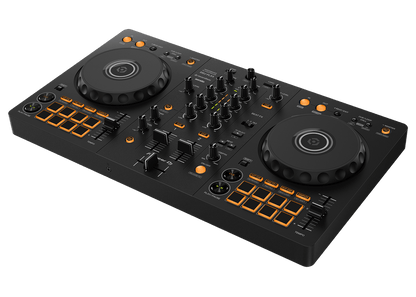 Pioneer DDJ-FLX4 DJ controller top view showing jog wheels and performance pads