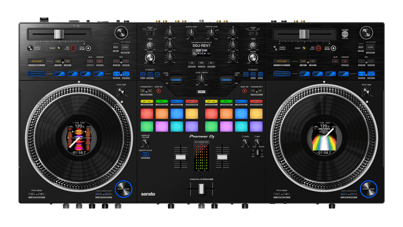 Pioneer DDJ-REV7 DJ Controller top panel layout and crossfader