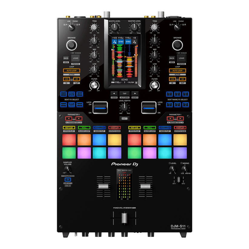 Pioneer DJM-S11 battle mixer front view — 2-channel scratch-style DJ mixer