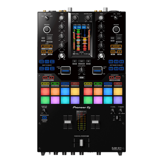 Pioneer DJM-S11 battle mixer front view — 2-channel scratch-style DJ mixer