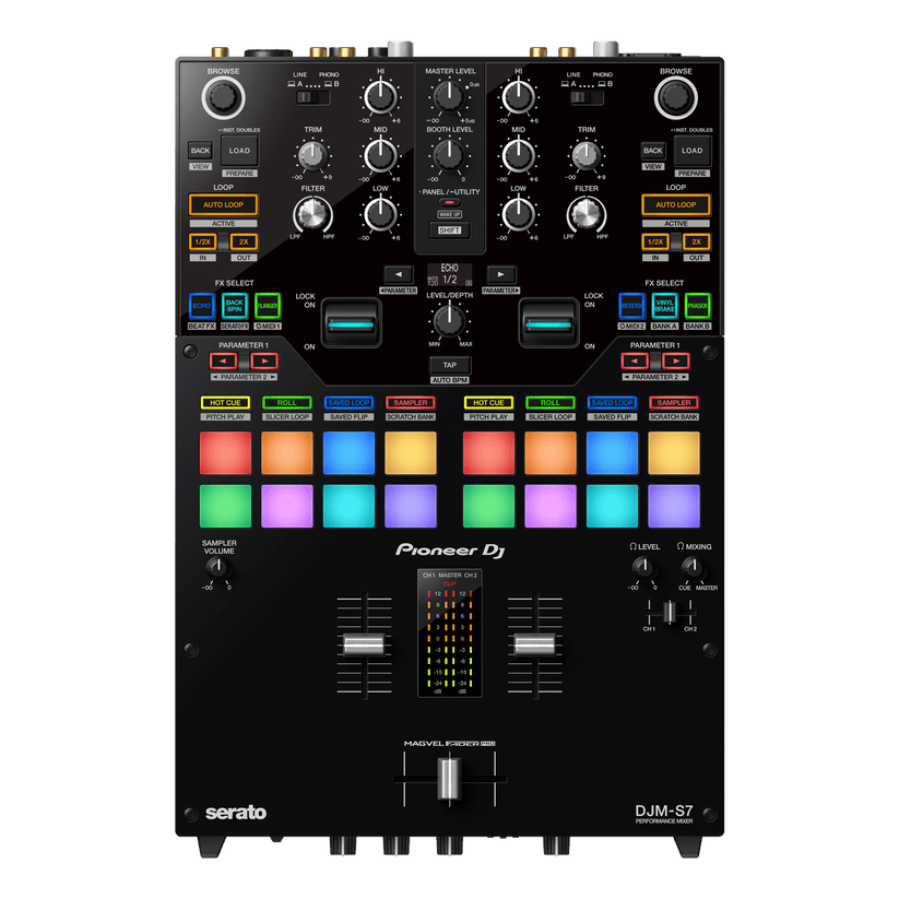 Pioneer DJM-S7 battle mixer front view with crossfader and performance pads