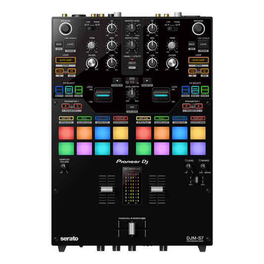 Pioneer DJM-S7 battle mixer front view with crossfader and performance pads