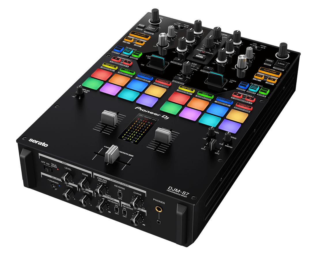Pioneer DJM-S7 battle mixer side profile showing channel faders and inputs