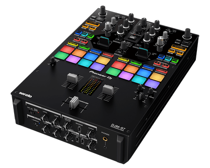 Pioneer DJM-S7 battle mixer side profile showing channel faders and inputs