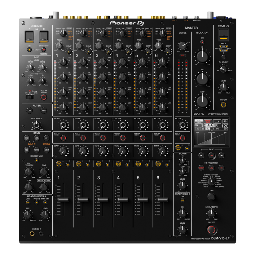 Pioneer DJM-V10-LF mixer front view — 6-channel professional DJ mixer with long faders