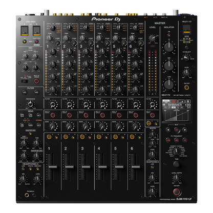 Pioneer DJM-V10-LF mixer front view — 6-channel professional DJ mixer with long faders