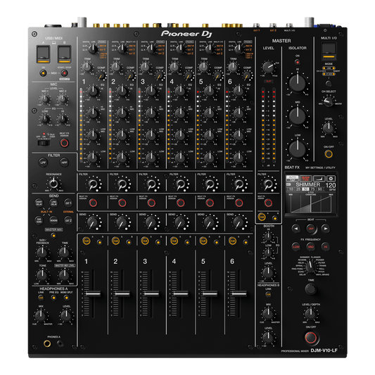Pioneer DJM-V10-LF mixer front view — 6-channel professional DJ mixer with long faders