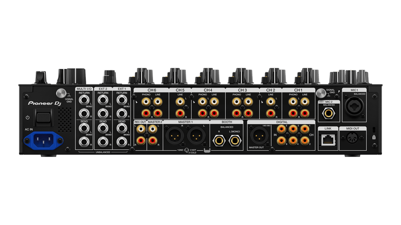 Pioneer DJM-V10-LF mixer rear inputs — phono, line, and USB audio interface connections