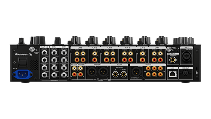 Pioneer DJM-V10-LF mixer rear inputs — phono, line, and USB audio interface connections