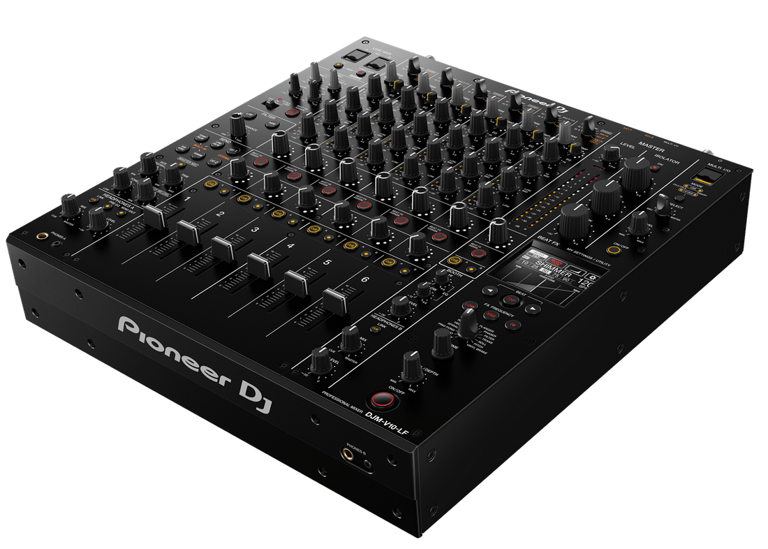 Pioneer DJM-V10-LF mixer top panel — 4-band EQ, isolators, and 6-channel layout