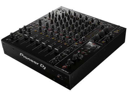 Pioneer DJM-V10-LF mixer top panel — 4-band EQ, isolators, and 6-channel layout