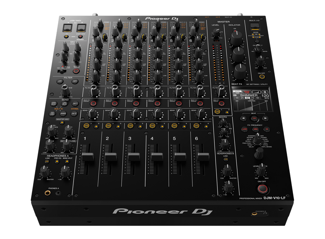 Pioneer DJM-V10-LF mixer top panel — 4-band EQ, isolators, and 6-channel layout