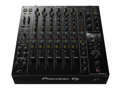 Pioneer DJM-V10-LF mixer top panel — 4-band EQ, isolators, and 6-channel layout