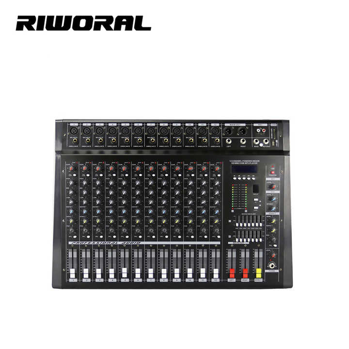 PMX1208D powered mixer Kenya top view showing XLR mic inputs and 12-channel fader strip layout