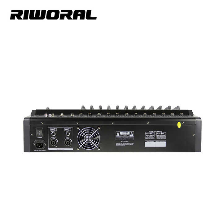 PMX1208D powered mixer Kenya rear panel view with speaker outputs cooling fan and IEC power socket