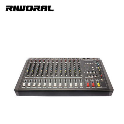PMX1208D powered mixer Kenya angled top view with 12 channel faders and DSP controls