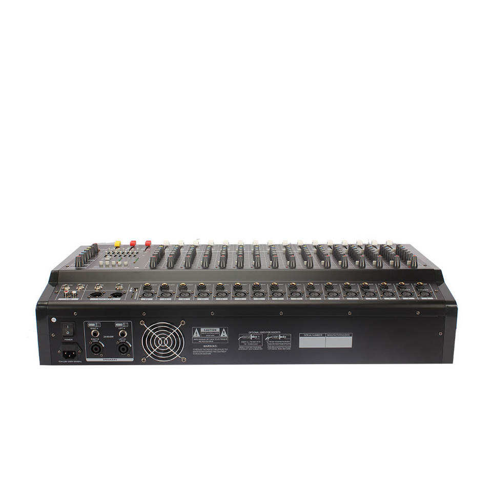 PMX1600 powered mixer Kenya rear panel with XLR mic inputs and 1/4-inch line connections