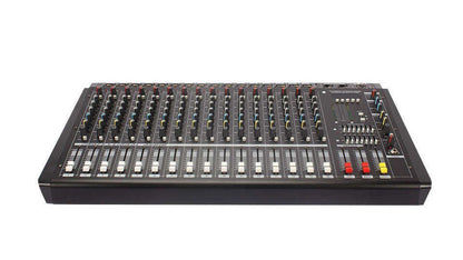PMX1600 powered mixer Kenya — 16-channel unit with faders, XLR inputs, and DSP controls, front view