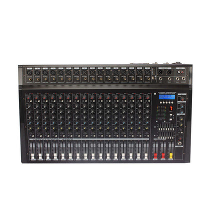 PMX1600 powered mixer Kenya — 16-channel unit with faders, XLR inputs, and DSP controls, front view