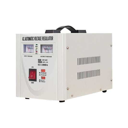 Powermate 1kVA voltage regulator Kenya — automatic AVR with 220V to 110V stepdown, front view