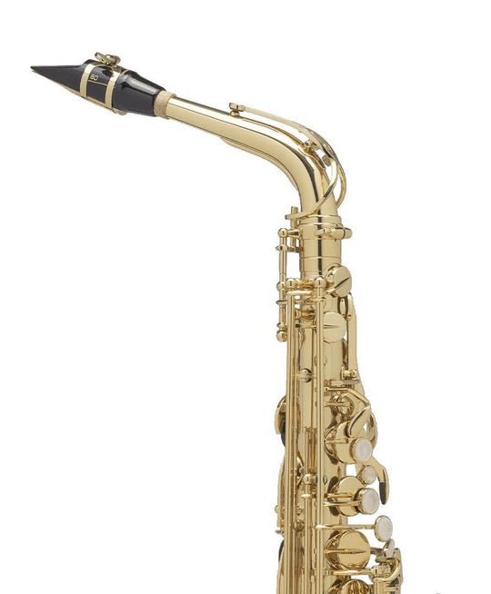 Premier Alto Saxophone Kenya — close-up of neck, mouthpiece and upper key cluster showing gold lacquer finish