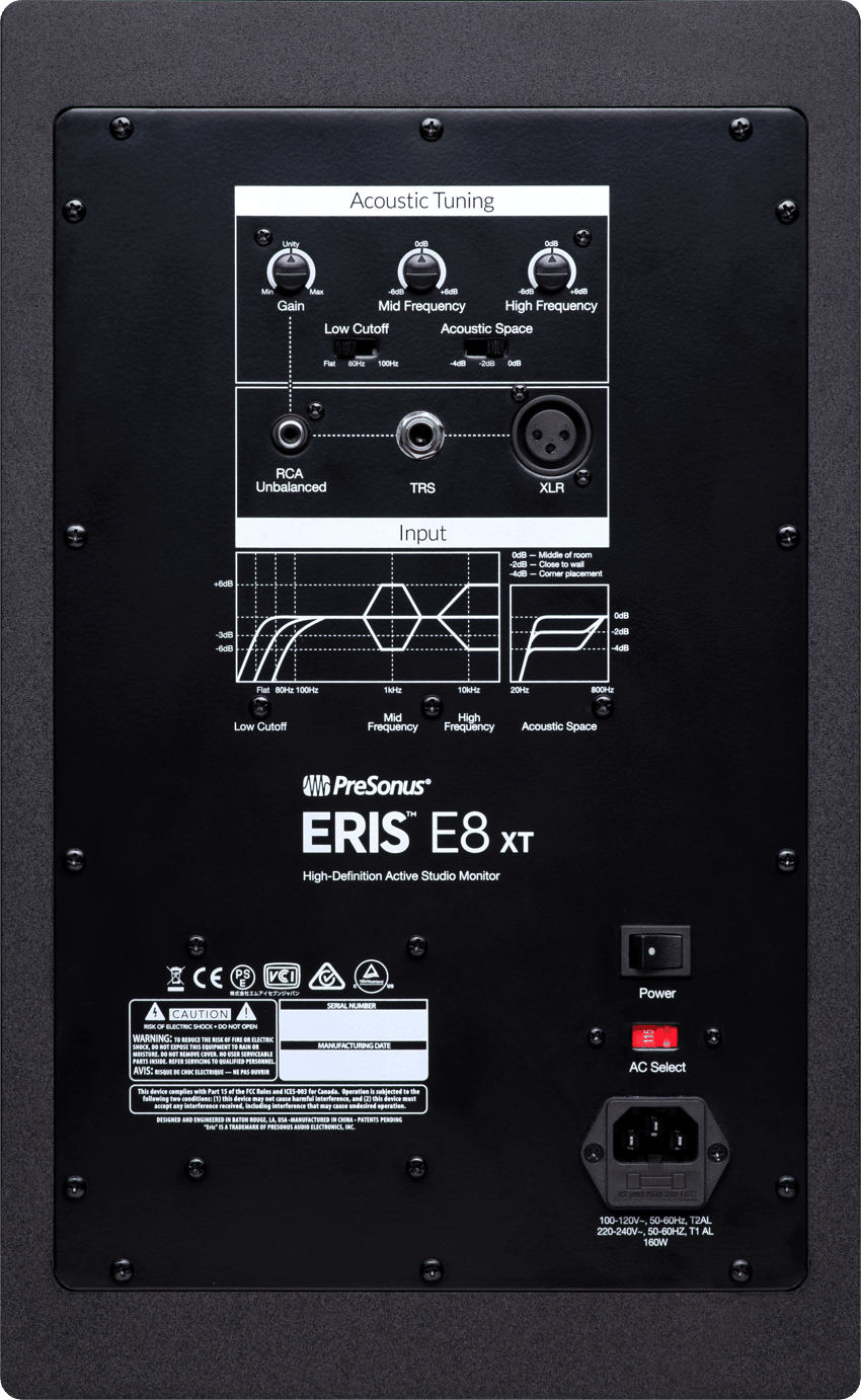 PreSonus Eris E8 XT studio monitor rear panel with XLR, TRS inputs and acoustic tuning controls