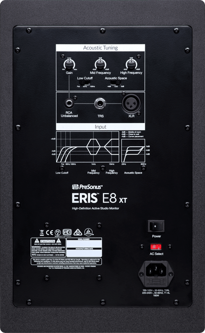PreSonus Eris E8 XT studio monitor rear panel with XLR, TRS inputs and acoustic tuning controls