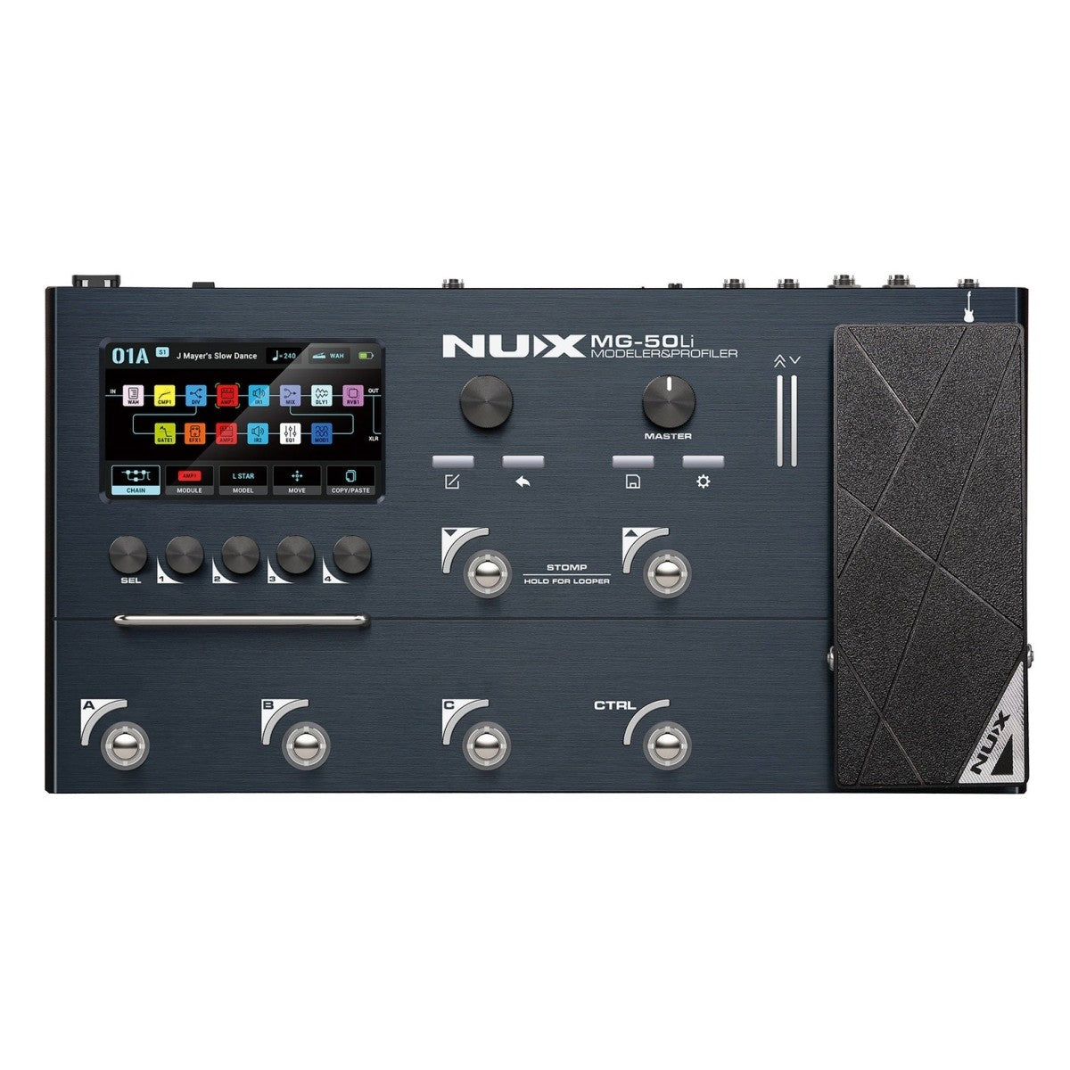 NUX MG-50Li guitar multi-effects processor Kenya black variant front view with colour touchscreen showing patch 01A`