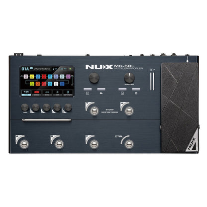 NUX MG-50Li guitar multi-effects processor Kenya black variant front view with colour touchscreen showing patch 01A`