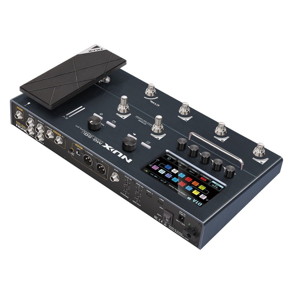 NUX MG-50Li guitar multi-effects processor Kenya black variant overhead rear view showing full top panel and rear I/O simultaneously`