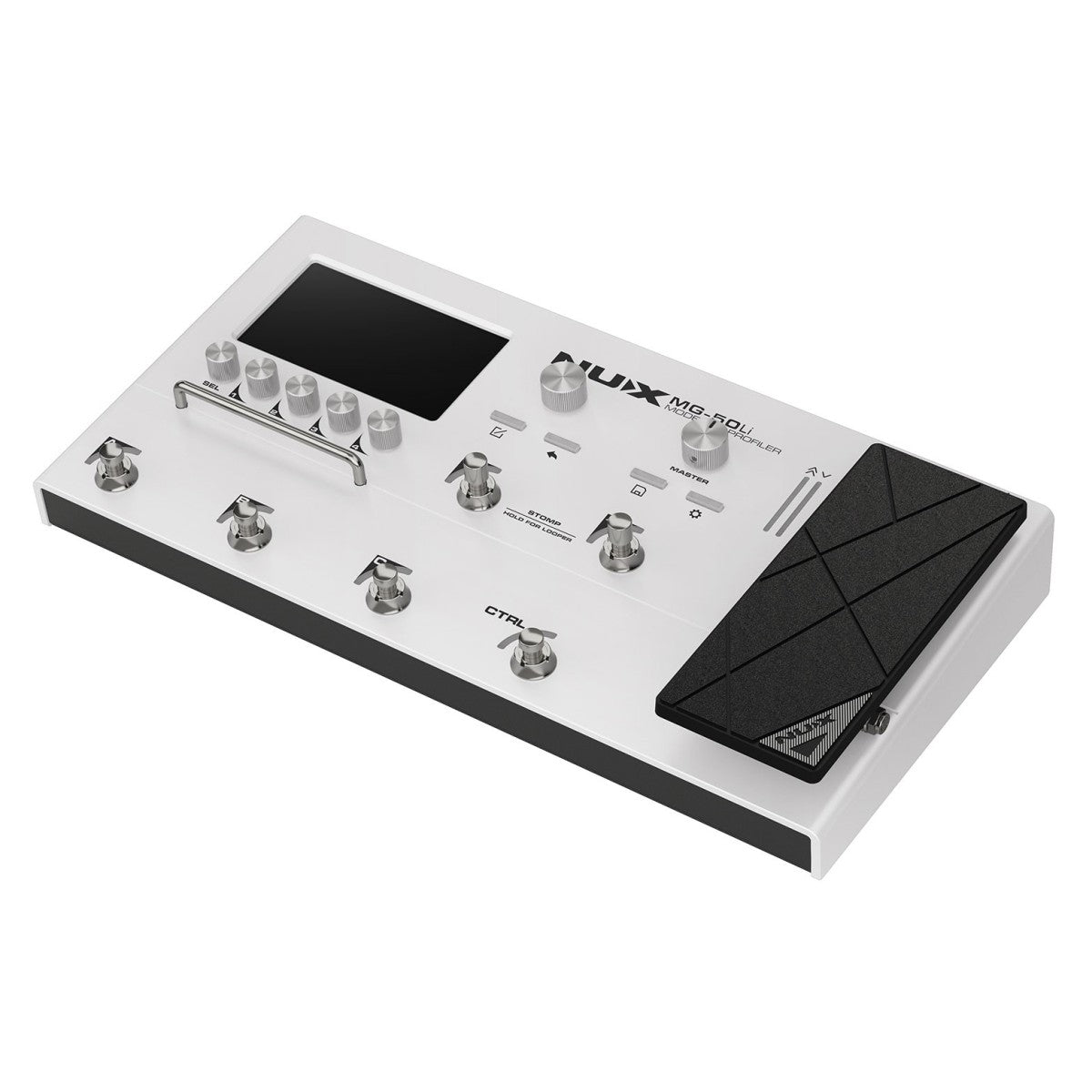 NUX MG-50Li guitar multi-effects processor Kenya white variant angled right side view showing knobs and expression pedal`